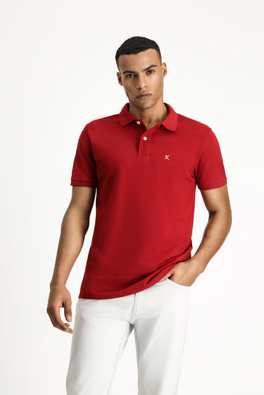 Koyu Kırmızı Polo Yaka Slim Fit Dar Kesim Nakışlı Pamuk Tişört