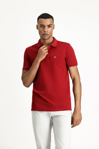 Koyu Kırmızı Polo Yaka Slim Fit Nakışlı %100 Pamuk Tişört