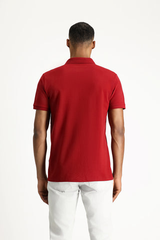 Koyu Kırmızı Polo Yaka Slim Fit Nakışlı %100 Pamuk Tişört
