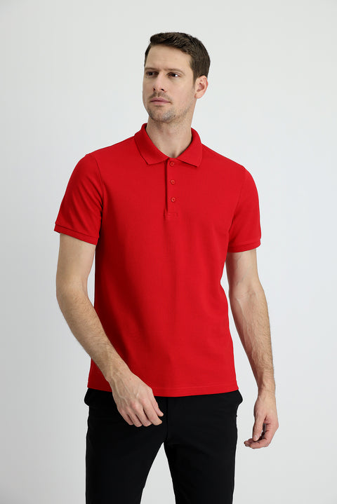 Flag Red Polo Collar Slim Fit Narrow Cut Cotton T-Shirt