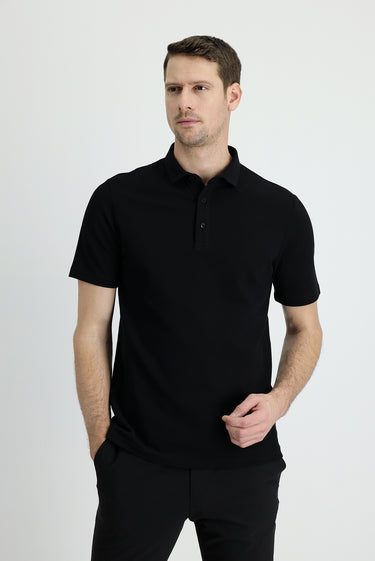 Siyah Polo Yaka Slim Fit Dar Kesim Pamuk Tişört