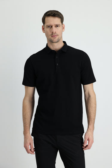 Siyah Polo Yaka Slim Fit Dar Kesim Pamuk Tişört