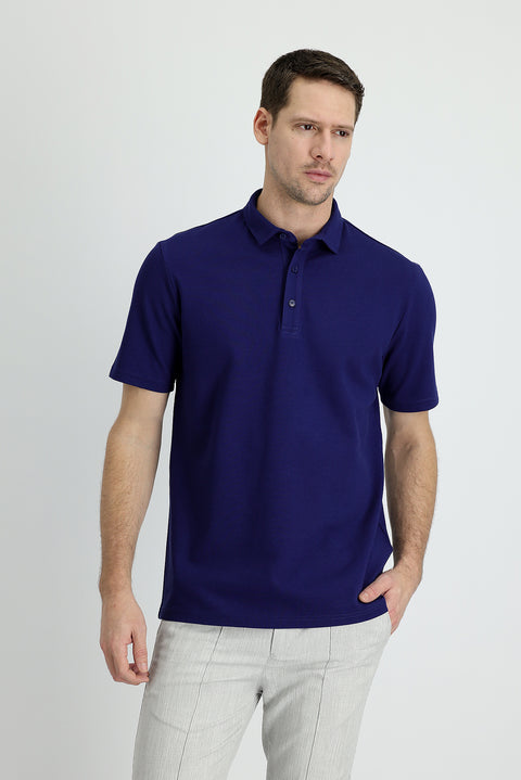 Medium Navy Polo Collar Slim Fit Narrow Cut Cotton T-Shirt