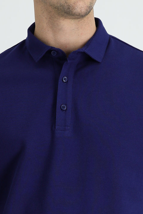 Medium Navy Polo Collar Slim Fit Narrow Cut Cotton T-Shirt