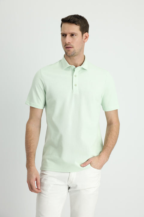 Aqua Green Polo Collar Slim Fit Narrow Cut Cotton T-Shirt