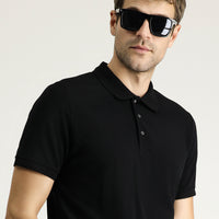 Siyah Slim Fit Dar Kesim Nakışlı Pamuk Polo Yaka Tişört
