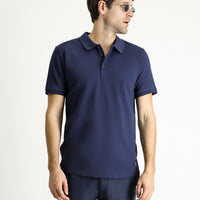 Navy Blue Slim Fit Embroidered Cotton Polo Shirt
