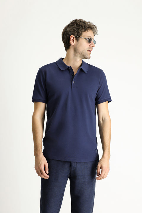 Navy Blue Slim Fit Embroidered Cotton Polo Shirt