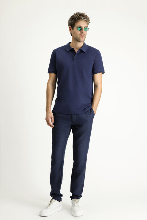 Navy Blue Slim Fit Embroidered Cotton Polo Shirt