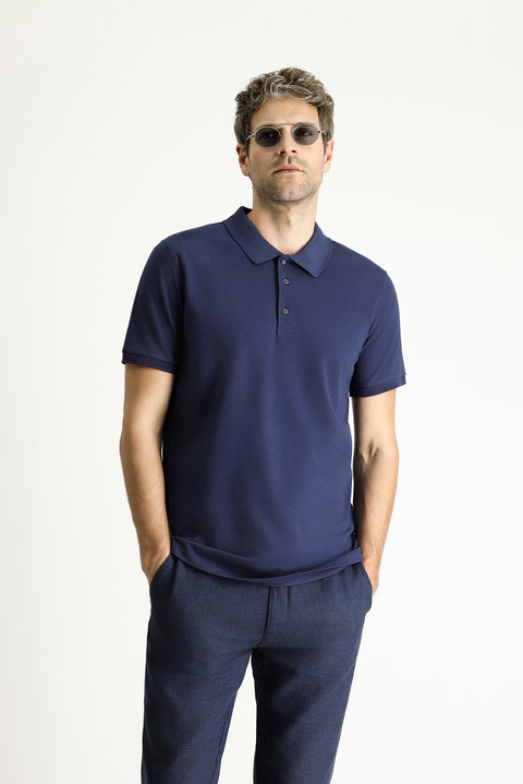 Navy Blue Slim Fit Embroidered Cotton Polo Shirt