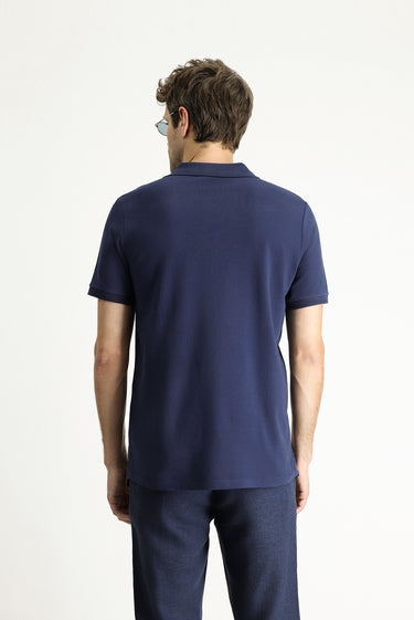 Lacivert Slim Fit Dar Kesim Nakışlı Pamuk Polo Yaka Tişört