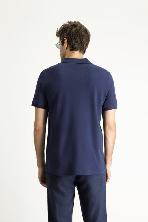 Navy Blue Slim Fit Embroidered Cotton Polo Shirt