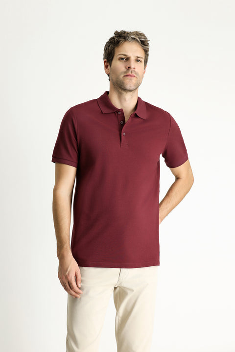 Dark Burgundy Slim Fit Embroidered Cotton Polo Shirt