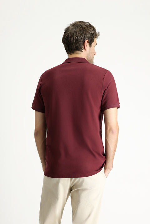 Dark Burgundy Slim Fit Embroidered Cotton Polo Shirt