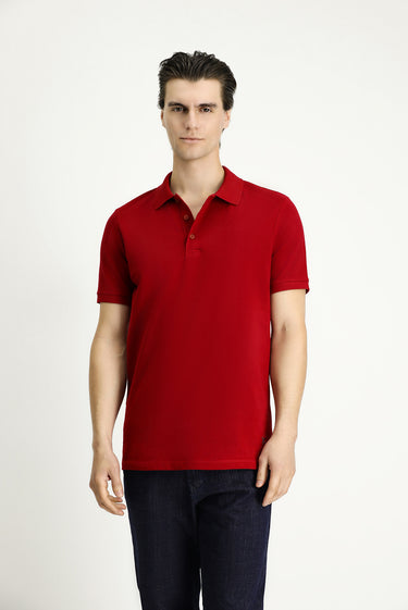Koyu Kırmızı Slim Fit Dar Kesim Nakışlı Pamuk Polo Yaka Tişört