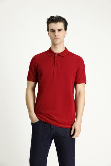 Koyu Kırmızı Slim Fit Dar Kesim Nakışlı Pamuk Polo Yaka Tişört