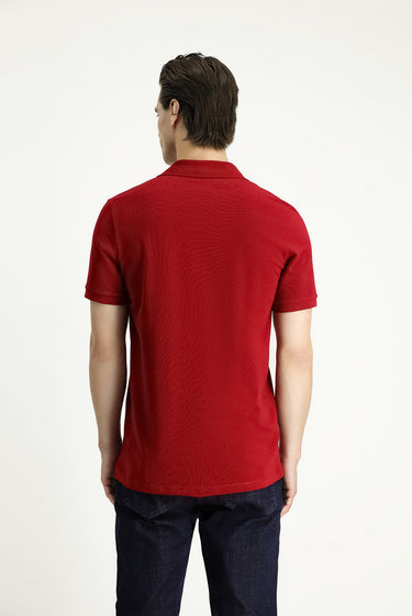Koyu Kırmızı Slim Fit Dar Kesim Nakışlı Pamuk Polo Yaka Tişört