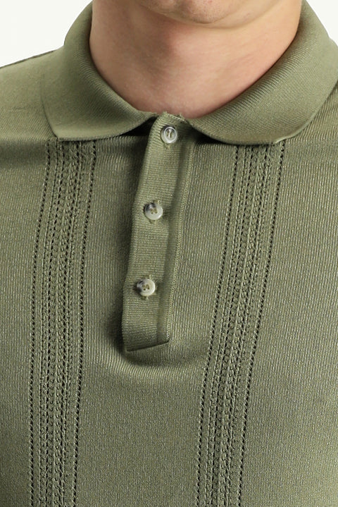 Light Khaki Polo Collar Slim Fit Patterned T-shirt