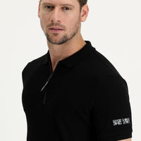 Siyah Polo Yaka Slim Fit Dar Kesim Fermuarlı Baskılı Pamuk Tişört
