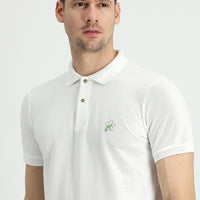 Kırık Beyaz Polo Yaka Slim Fit Dar Kesim Baskılı Pamuk Tişört