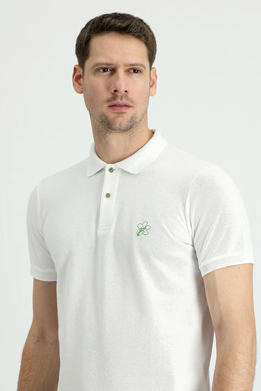Kırık Beyaz Polo Yaka Slim Fit Dar Kesim Baskılı Pamuk Tişört
