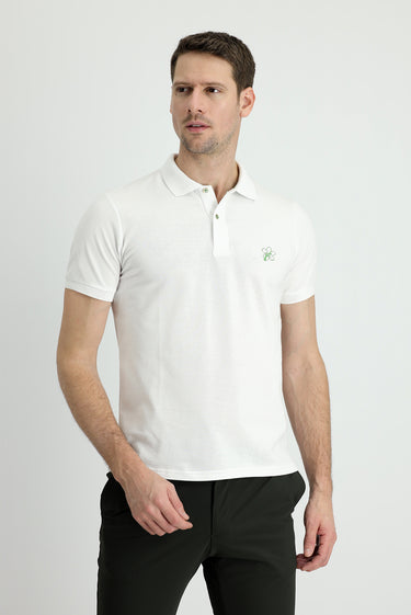 Kırık Beyaz Polo Yaka Slim Fit Dar Kesim Baskılı Pamuk Tişört