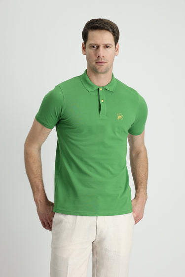 Çimen Yeşili Polo Yaka Slim Fit Dar Kesim Baskılı Pamuk Tişört