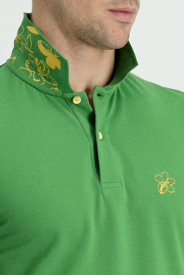 Çimen Yeşili Polo Yaka Slim Fit Dar Kesim Baskılı Pamuk Tişört
