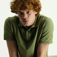 Orta Haki Polo Yaka Slim Fit Dar Kesim Nakışlı Pamuk Tişört