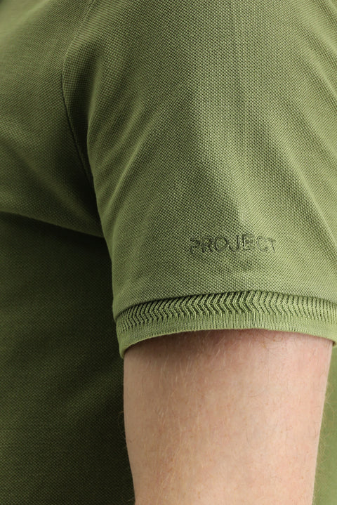 Medium Khaki Polo Collar Slim Fit Narrow Cut Embroidered Cotton T-Shirt