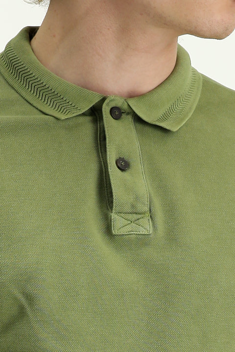 Medium Khaki Polo Collar Slim Fit Narrow Cut Embroidered Cotton T-Shirt