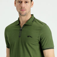 Medium Khaki Polo Collar Slim Fit Narrow Cut Zip-Up Printed Cotton T-Shirt