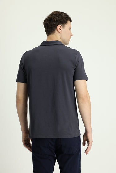 Siyah Polo Yaka Slim Fit Dar Kesim Fermuarlı Pamuklu Tişört