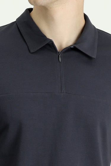 Siyah Polo Yaka Slim Fit Dar Kesim Fermuarlı Pamuklu Tişört