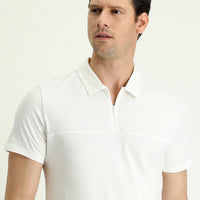 Kırık Beyaz Polo Yaka Slim Fit Dar Kesim Fermuarlı Pamuklu Tişört