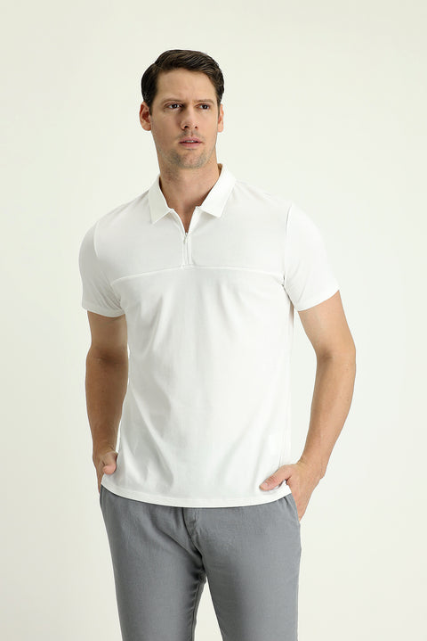 Kırık Beyaz Polo Yaka Slim Fit Dar Kesim Fermuarlı Pamuklu Tişört