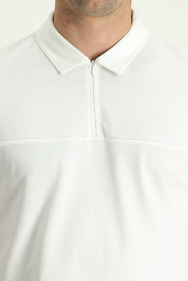 Kırık Beyaz Polo Yaka Slim Fit Dar Kesim Fermuarlı Pamuklu Tişört