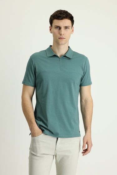 Küf Yeşili Polo Yaka Slim Fit Dar Kesim Fermuarlı Pamuklu Tişört