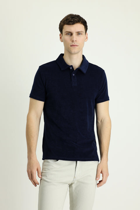 Black Navy Polo Neck Slim Fit Narrow Cut Towel Fabric Cotton T-shirt