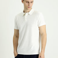 Kırık Beyaz Polo Yaka Slim Fit Dar Kesim Pamuklu Havlu Kumaş Tişört