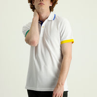 Beyaz Polo Yaka Slim Fit Dar Kesim Desenli Tişört
