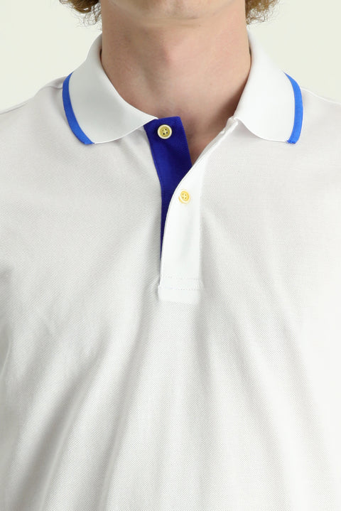 Beyaz Polo Yaka Slim Fit Dar Kesim Desenli Pamuklu Tişört