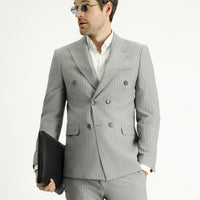 Orta Gri 7 Drop Slim Fit Dar Kesim Çizgili Kruvaze Ceket