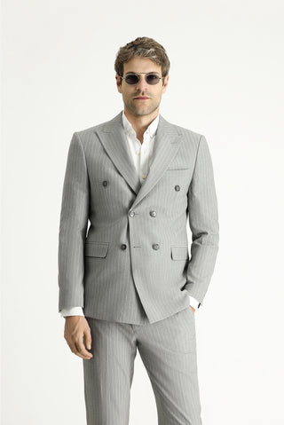 Orta Gri 7 Drop Slim Fit Dar Kesim Çizgili Kruvaze Ceket