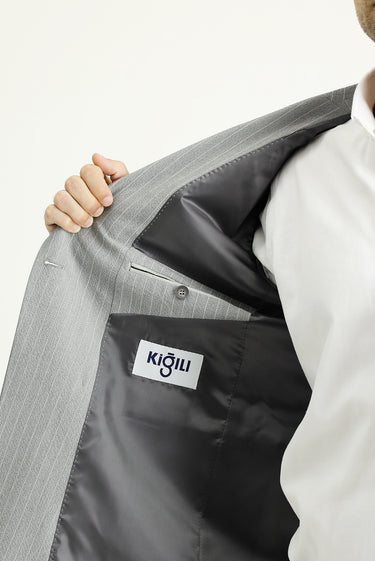 Orta Gri Slim Fit Dar Kesim Çizgili Kruvaze Ceket