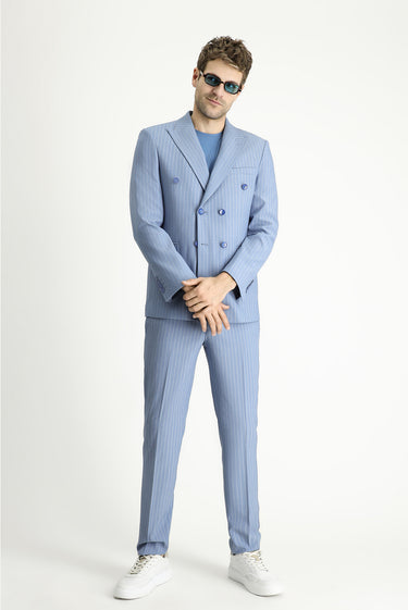 Açık Mavi Slim Fit Dar Kesim Çizgili Kruvaze Ceket