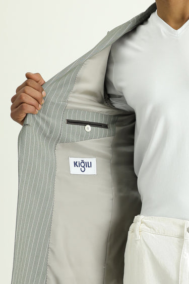 Küf Yeşili Slim Fit Dar Kesim Çizgili Kruvaze Ceket