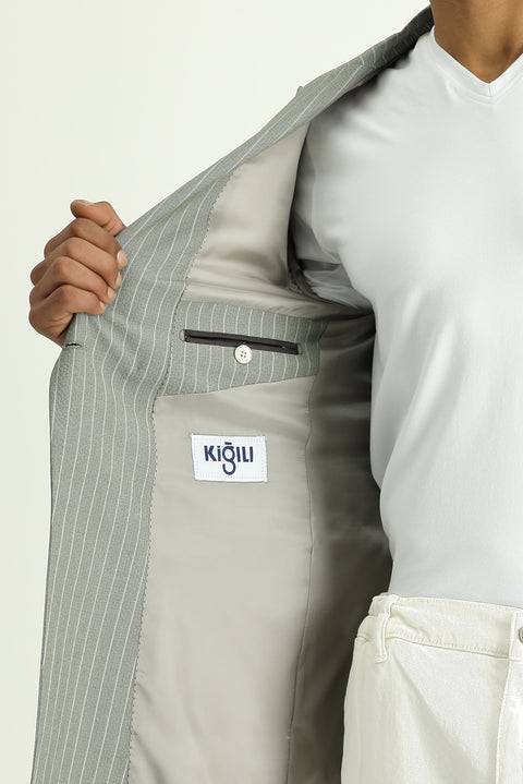 Küf Yeşili 7 Drop Slim Fit Dar Kesim Çizgili Kruvaze Ceket