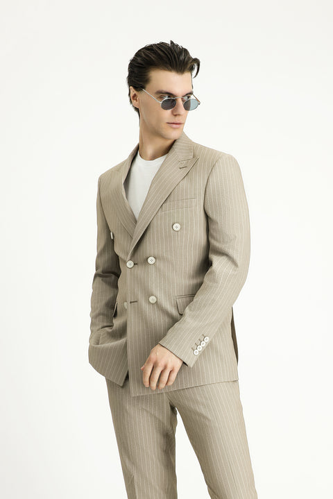 Orta Vizon 7 Drop Slim Fit Dar Kesim Çizgili Kruvaze Ceket