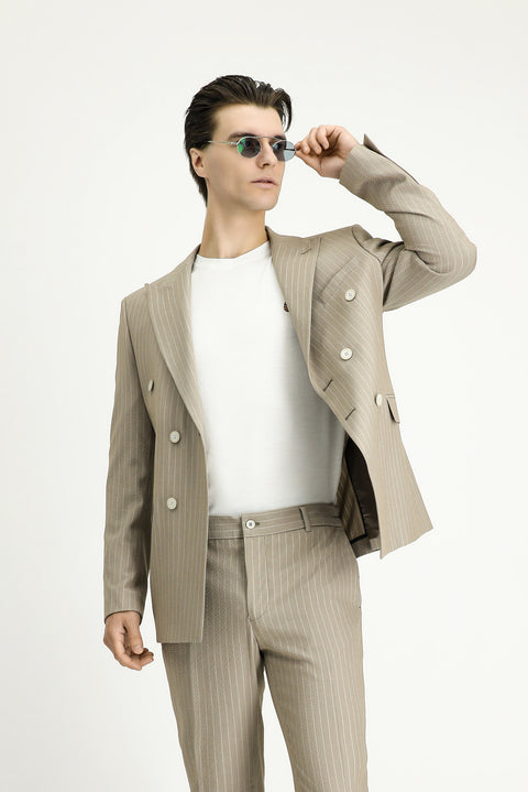 Orta Vizon 7 Drop Slim Fit Dar Kesim Çizgili Kruvaze Ceket